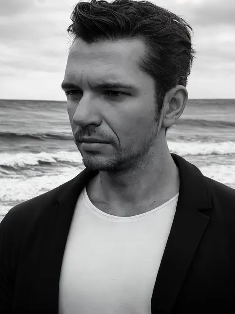 b&w photo of 42 y.o man in black clothes, face, upper body, coastline, overcast weather, waves, 8k uhd, dslr, soft lighting, high quality, film grain, Fujifilm XT3, handsome, dark shot, epic realistic, cinematic, natural skin texture, hyperrealism, soft light, sharp