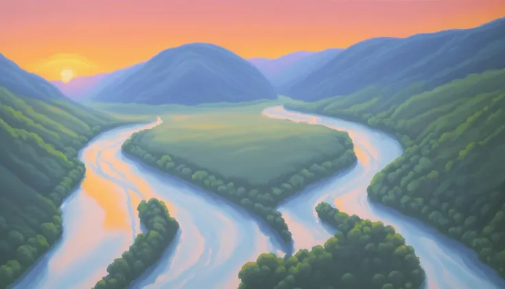 river valley, sunrise, acrylic painting