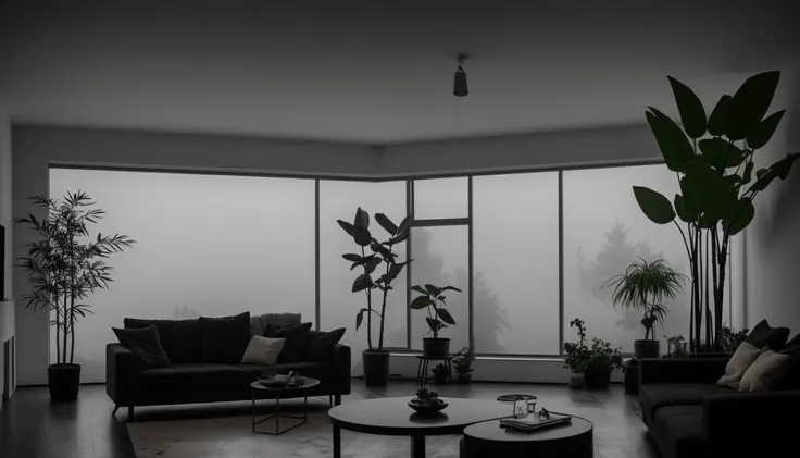 modern living room, dark foggy rainy evening outside, dim lighting, moody lighting, plants, large plants