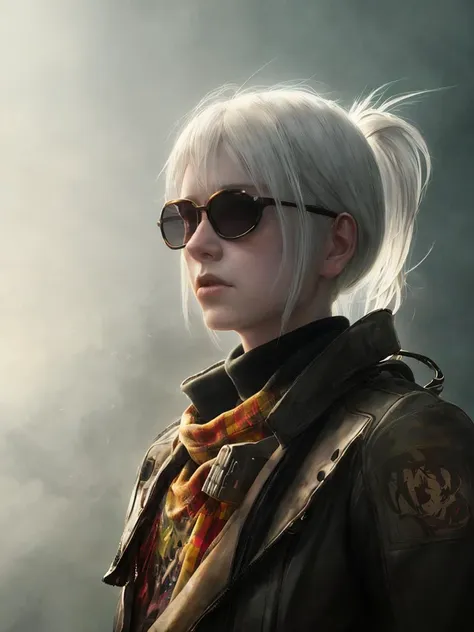 epic realistic, portrait of halo, white hair, sunglasses, tartan scarf, black tshirt, brown leather jacket, by atey ghailan, by greg rutkowski, by greg tocchini, by james gilleard, by joe fenton, by kaethe butcher, gradient yellow, black, brown and magenta color scheme, grunge aesthetic, graffiti tag wall background, art by greg rutkowski and artgerm, soft cinematic light, adobe lightroom, photolab, hdr, intricate, highly detailed, depth of field, faded, neutral colors, hdr, muted colors, hyperdetailed, artstation, cinematic, warm lights, dramatic light, intricate details, complex background, (teal and orange:0.4)