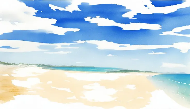 beach, sun, blue sky, cirrus clouds, watercolour painting