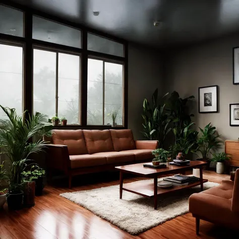 midcentury modern living room dimly lit with dark rainy evening outside, foggy rainy evening, pacific northwest, dim lighting, moody lighting, plants, large plants, rainy, many plants, foggy windows, masterpiece, best quality, twilight hour, nighttime, rainy evening, after sunset