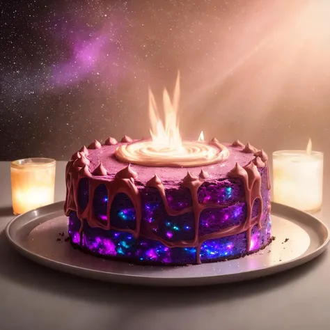 Delicious glowing galaxy cake on a dining table in the kitchen, soft light ,romantic light, ultra details ,photorealistic, realistic ,gel lighting, Cinematic, Filmic, medium shot, 4k, Front-light, Cinematic Lighting, volumetric Light, Ray Tracing Reflections, photography, hyper realistic, 4k, 8k, closeup