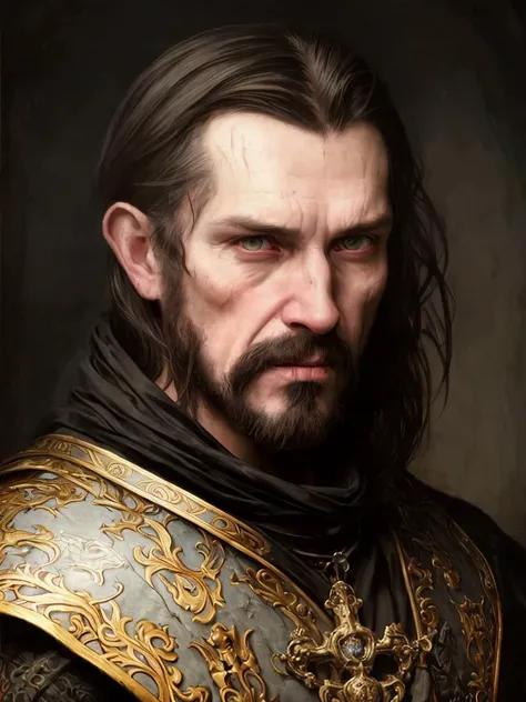 medieval portrait of a man sharp features, grim, cold stare, shade colors, Volumetric lighting, baroque oil painting by Greg Rutkowski, Artgerm, WLOP, Alphonse Mucha dynamic lighting hyperdetailed intricately detailed, hdr, muted colors, complex background, hyperrealism, hyperdetailed, amandine van ray