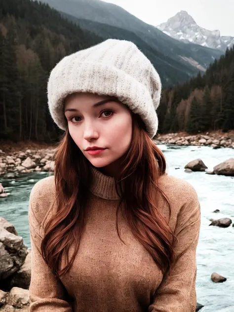 close-up photo of a woman, upper body, wearing pullover, solo, outdoors, mountains, nature, sweater, hat, forest, rocks, river, wood, smoke, shadows, contrast, clear sky, analog style, look at camera, film grain, warm hue, warm tone, cinematic lighting