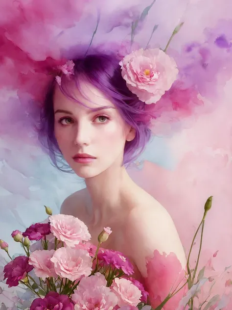 a woman, flowers, Lisianthus ,in the style of light pink and light azure, dreamy and romantic compositions, pale pink, ethereal foliage, playful arrangements, fantasy, high contrast, ink strokes, explosions, over exposure, purple and red tone impression , abstract, watercolor painting by John Berkey and Jeremy Mann, brush strokes, negative space,