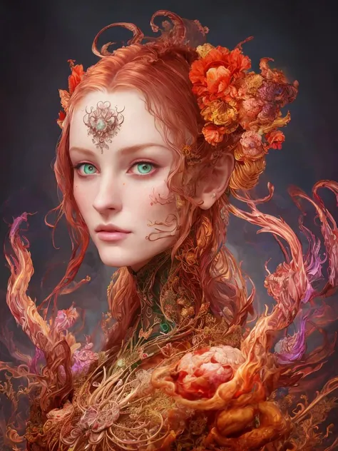 An ultra hd detailed painting of many different types of flowers by android jones, earnst haeckel, james jean, behance contest winner, generative art, baroque, intricate patterns, fractalism, movie still, photorealistic, Portrait of a beautiful woman surrounded by fire, portrait of beautiful young maiden, warhammer, some red water, the middle ages, highly detailed, artstation, illustration, sylvari portrait, 8k quality, art by partick woodroof