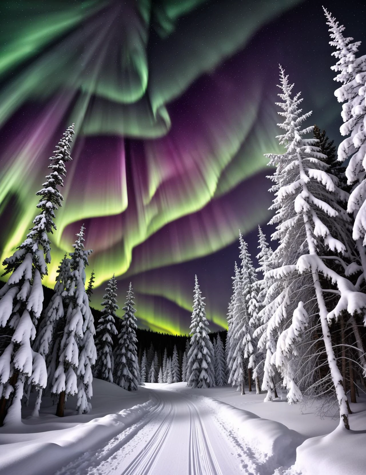 a path through the woods, conifer trees, snow, aurora, evening sky,