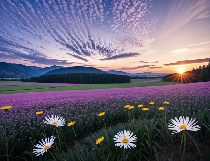 cloud, daisy, dandelion, field, flower, flower field, nature, outdoors, petals, sky, spider lily, summer, evening, field, flower, gradient sky, grass, mountain, mountainous horizon, outdoors, purple flower, red flower, blue flower, yellow flower, pink flower, purple sky, red sky, scenery, sky, sun, sunlight, sunset, tree, twilight, intricate, elegant, highly detailed, majestic, digital photography, hdr,