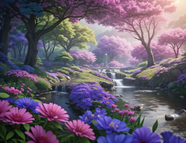 masterpiece, best quality, high quality, extremely detailed cg unity 8k wallpaper, an extremely colorful and purely fantasy environment with vibrant hues and a bright sky, landscape of bright green grass, colorful trees, glittering fruits, and bright blue flowers, the streams are a deep shade of blue, and the air is filled with sweet exotic scents, the environment appears to be taken out of a dream, award winning photography, bokeh, depth of field, hdr, bloom, chromatic aberration, photorealistic, extremely detailed, trending on artstation, trending on cgsociety, intricate, high detail, dramatic,