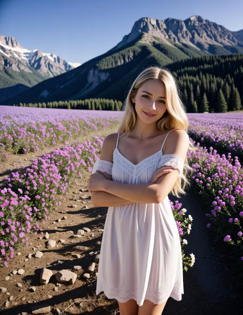 woman, white nightgown, lace trim, thighs, standing, blonde hair, white thighhighs, cowboy shot, masterpiece, high quality, best quality, colorful, delicate eyes and face, blue eyes, smile, solo, outdoors, mountains, path, flowers, flower field, sunlight, blue sky, 