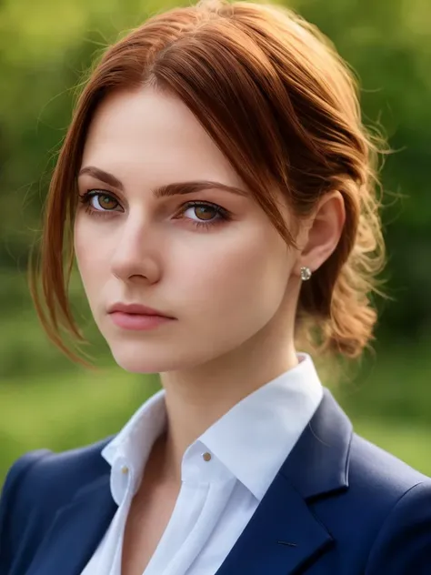 a close-up photo of a European woman wearing a suit, outdoors, depth of field