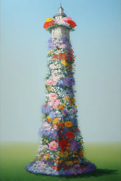 a tower of flowers, enamel painting