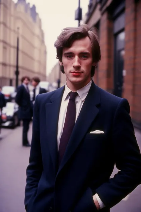 a handsome British man in a suit, London, 1980s, street photography