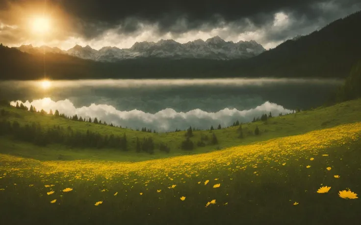 scenery, flower meadow, lake, forest, mountains, nimbostratus clouds, sun