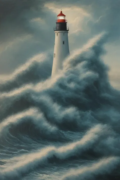 oil painting of a lighthouse surrounded by raging waves and stormy skies