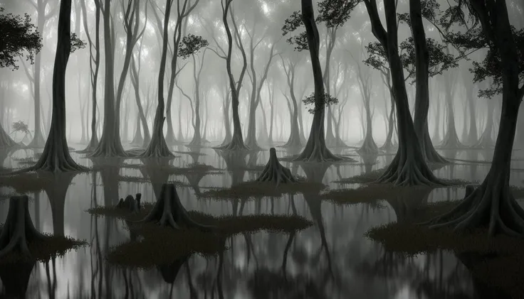 A murky swamp with twisted trees rising from the water, Hue, window light, spotlight masterpiece, realistic, award winning, volumetric light and fog, subsurface scattering, caustics, bloom, perfect exposure, perfect composition, rule of thirds, 8k, hdr10, cinematic, breathtaking, ray tracing, global illumination