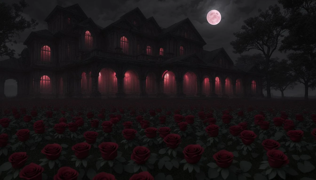 Masterpiece best quality, wide angle Photograph, Eerie open landscape, Blood Red roses blooming under the moonlight, (dark atmosphere, light shafts, godrays:1.125)
Photo Realistic Details, Like-like texture, Global Illumination, Path Tracing, PBR, physically based rendering