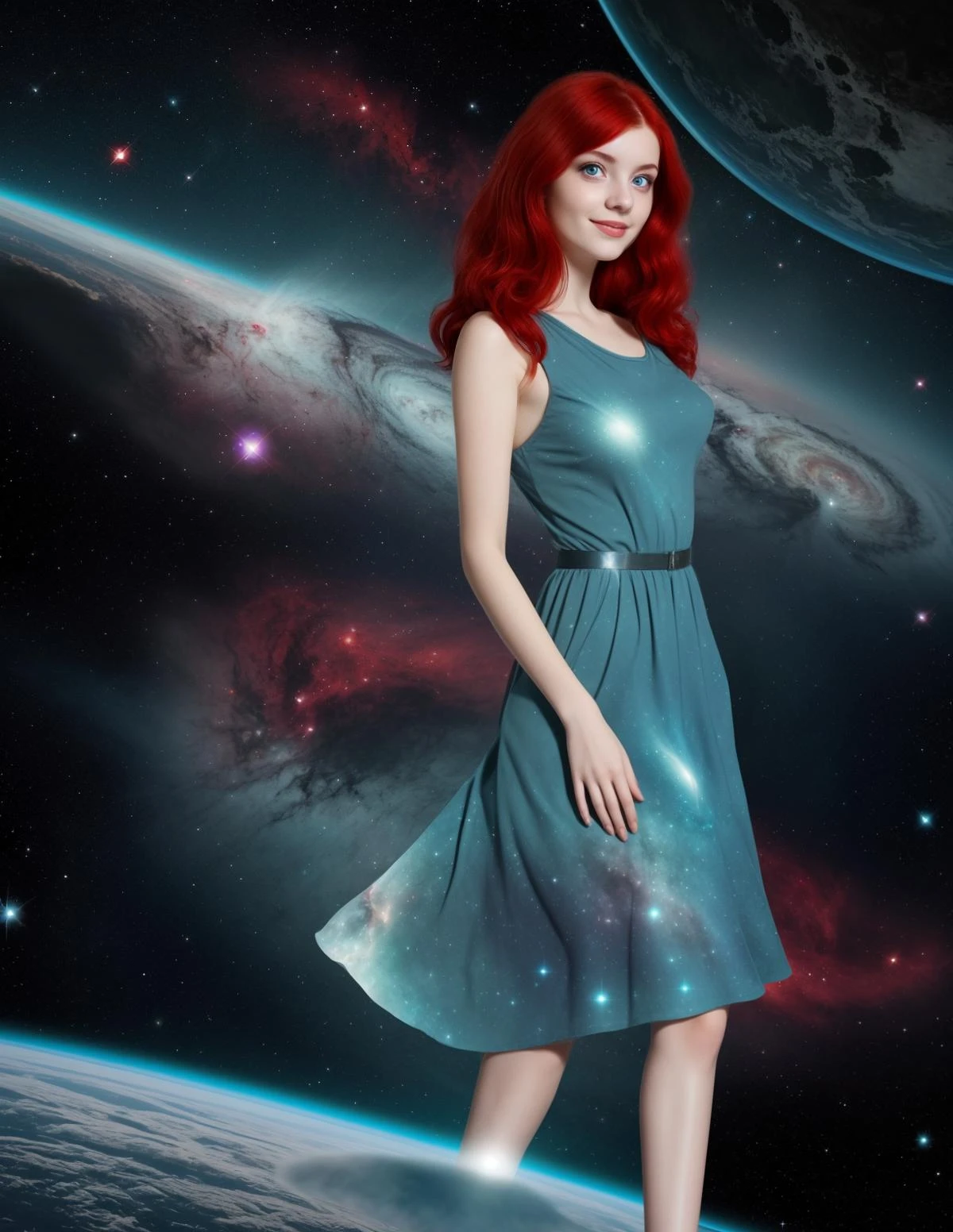 a young European woman in outer space, red hair, grey eyes, nebula dress, teal dress, solo, (smile:0.2)