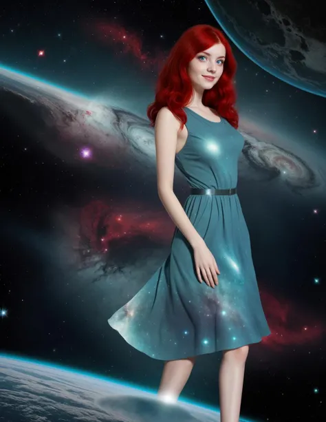 a young European woman in outer space, red hair, grey eyes, nebula dress, teal dress, solo, (smile:0.2)