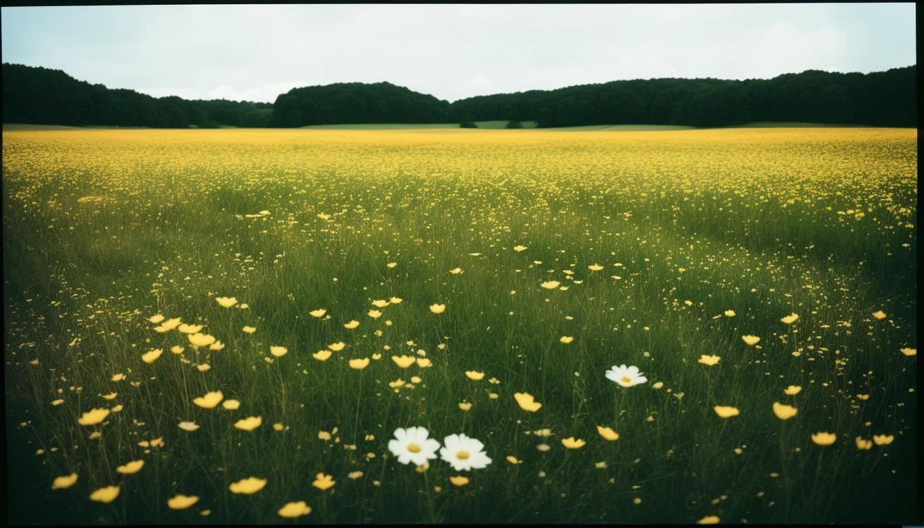 flower meadow, analogue film, cinematic