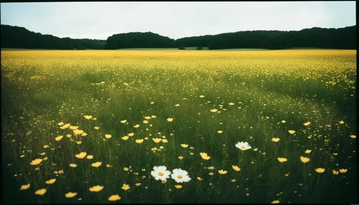 flower meadow, analogue film, cinematic