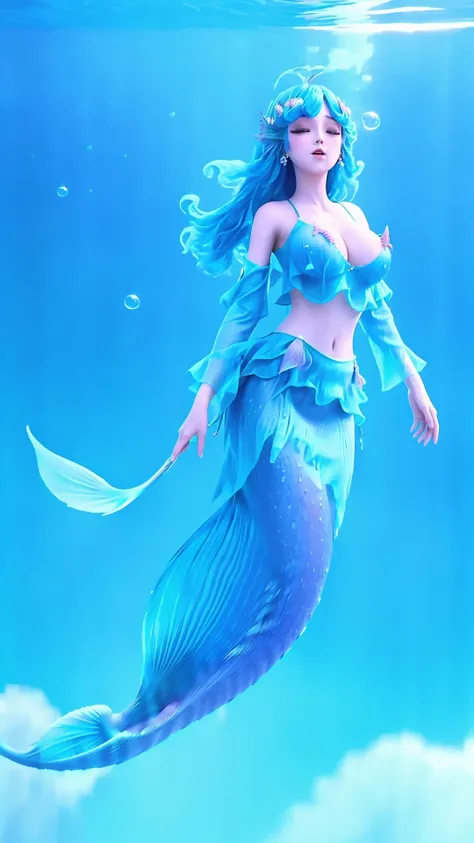 (1girl),smooth chin,masterpiece,detailed face,((hair ornament)),top quality,4k,make up,best quality,alone,single,solo,only one,one character,blush,(body blush),(detached sleeves),earrings,see-through clothes,(blue hair),under water,(head fins),long hair,(from below),ocean,long fish tail,fish,(huge breasts:1.33),fish tail,fish leg,(puffy hair:1.13),head wings,frilled skirt,frilled clothes,looking at viewer,frilled shirt,bubble skirt,green skirt,full body,(detached shirt),(mermaid tail),neeless mermaid,bandeau,(nude:1.251),(nipples),blue skirt,<lora:s_g5N v2.0:0.78>,