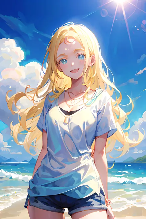masterpiece, 1girl, (kofune ushio), shell necklace, hand behind back, big smile, sunshine, beach, waves, cowboy shot, depth of scene