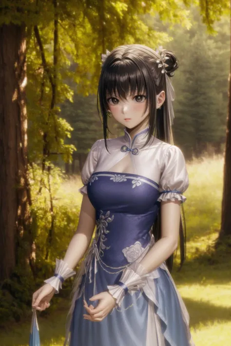 masterpiece, best quality, absurdres, 1girl, solo, FrierenBase, long hair, twintails, earrings, white capelet, striped shirt, horizontal stripes, long sleeves, belt, white skirt, gold-trim, black pantyhose, arms behind back, outdoors, forest,