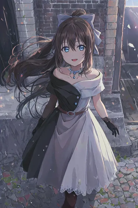 (best quality, masterpiece:1.2), 1girl, solo, cute, smile, detailed background, (looking at viewer, solo focus:1.2), light on face, sky, blue sky, sunlight, lens flare, depth of field, scenery, glow eyes, open mouth, standing, full body,
<lora:A_SORA_Dress:1>, sora dress, osaka shizuku, ousaka shizuku, dress, off-shoulder dress, two-tone dress, bow, blue eyes, gloves, brown hair, long hair, evening gown, off shoulder, hair bow, black dress, jewelry, white dress, lace gloves, belt, sidelocks, bangs, necklace, black gloves, hair between eyes, collarbone, black belt, black bow, bare shoulders, multicolored clothes, half updo, ponytail, buttons, looking at viewer, sleeveless dress, lace, sleeveless, grey dress, closed mouth, (sunny, sunlight:1.2)