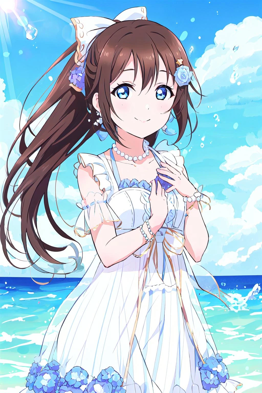 (best quality, masterpiece:1.2), 1girl, solo, cute, smile, detailed background, (looking at viewer, solo focus:1.2), light on face, sky, blue sky, sunlight, lens flare, depth of field, scenery, glow eyes, closed mouth, standing, cowboy shot,
<lora:A_ANIH Dress:0.8>, ANIH Dress, ousaka shizuku, jewelry, long hair, brown hair, blue eyes, sidelocks, hair bow, pearl necklace, bangs, ponytail, rose, white dress, hair between eyes, earrings, blue bow, sleeveless dress, collarbone, star (symbol), pearl bracelet, star hair ornament, purple rose, lace-trimmed dress, beads, frilled dress, white bow,
water bubble_particles, rain_drop, cloud, (hydrangea:1.4), arms on knees,