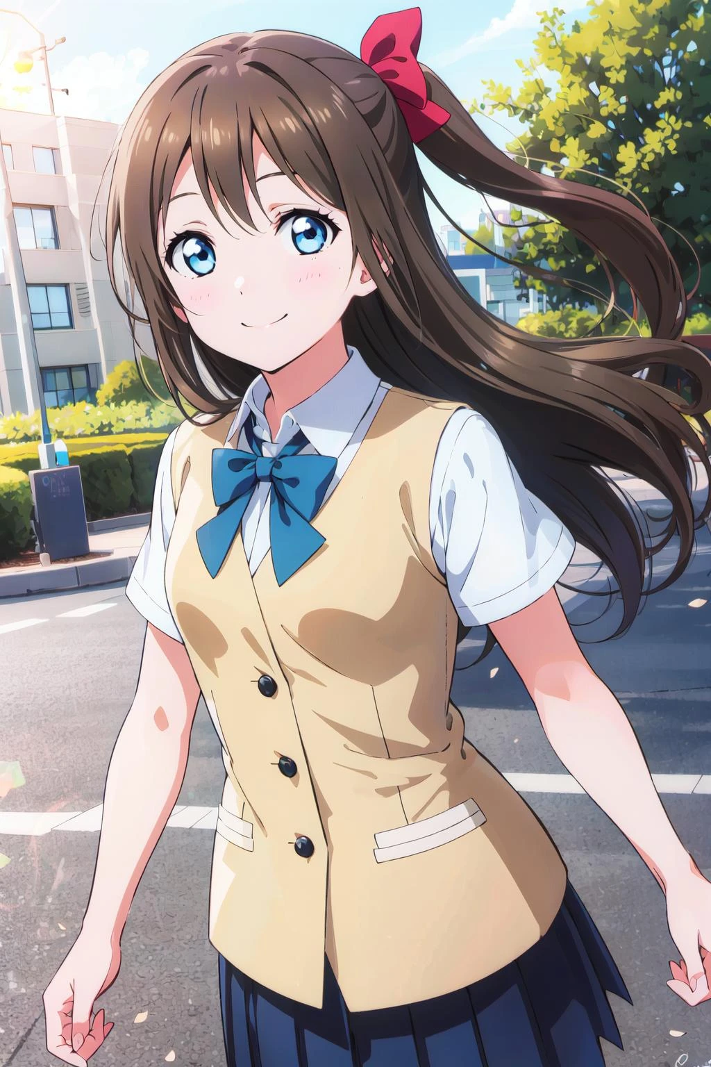 (best quality, masterpiece:1.2), (1girl, solo:1.2), cute, smile, detailed background, (looking at viewer, solo focus:1.2), light on face, sky, blue sky, cowboy shot, sunlight, lens flare, depth of field, scenery, closed mouth,
<lora:A_Osaka Shizuku New:0.8> osaka shizuku, long hair, hair ribbon, blue eyes, black hair, straight hair, nijigasaki academy school uniform