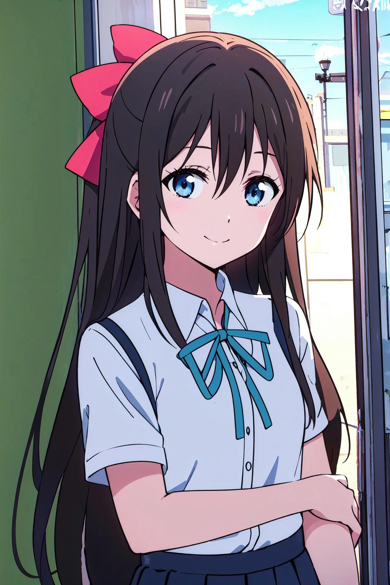 (best quality, masterpiece:1.2), 1girl, solo, cute, smile, detailed background, (looking at viewer, solo focus:1.2), light on face, sky, blue sky, upper body, sunlight, lens flare, depth of field, scenery, closed mouth,
<lora:A_Osaka Shizuku Anime:0.8>, osaka shizuku, long hair,( hair ribbon:1.2), blue eyes, black hair, straight hair, nijigasaki academy school uniform