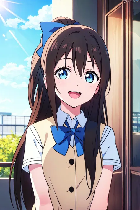 (best quality, masterpiece:1.2), 1girl, solo, cute, smile,  detailed background, (looking at viewer, solo focus:1.2), light on face, sky, blue sky, upper body, sunlight, lens flare, depth of field, scenery, open mouth,
<lora:A_Osaka Shizuku Anime:0.8>, osaka shizuku, long hair,( hair ribbon:1.2), blue eyes, black hair, straight hair, nijigasaki academy school uniform