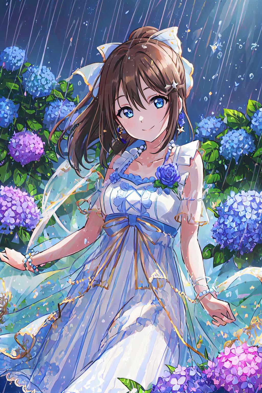 Anime girl in a blue dress in a garden with purple flowers - SeaArt AI
