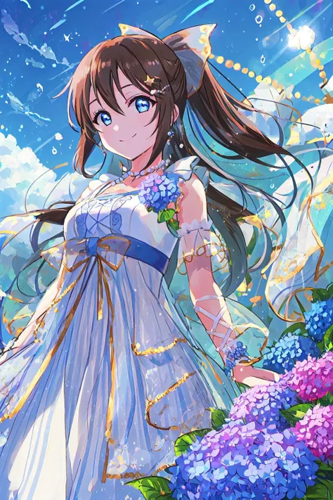 (best quality, masterpiece:1.2), 1girl, solo, cute, smile, detailed background, (looking at viewer, solo focus:1.2), light on face, sky, blue sky, sunlight, lens flare, depth of field, scenery, glow eyes, closed mouth, standing, cowboy shot,
<lora:ANIH Dress:0.8>, ANIH Dress, ousaka shizuku, jewelry, long hair, brown hair, blue eyes, sidelocks, hair bow, pearl necklace, bangs, ponytail, rose, white dress, hair between eyes, earrings, blue bow, sleeveless dress, collarbone, star (symbol), pearl bracelet, star hair ornament, purple rose, lace-trimmed dress, beads, frilled dress, white bow,
water bubble_particles, rain_drop, cloud, (hydrangea:1.4), arms on knees,