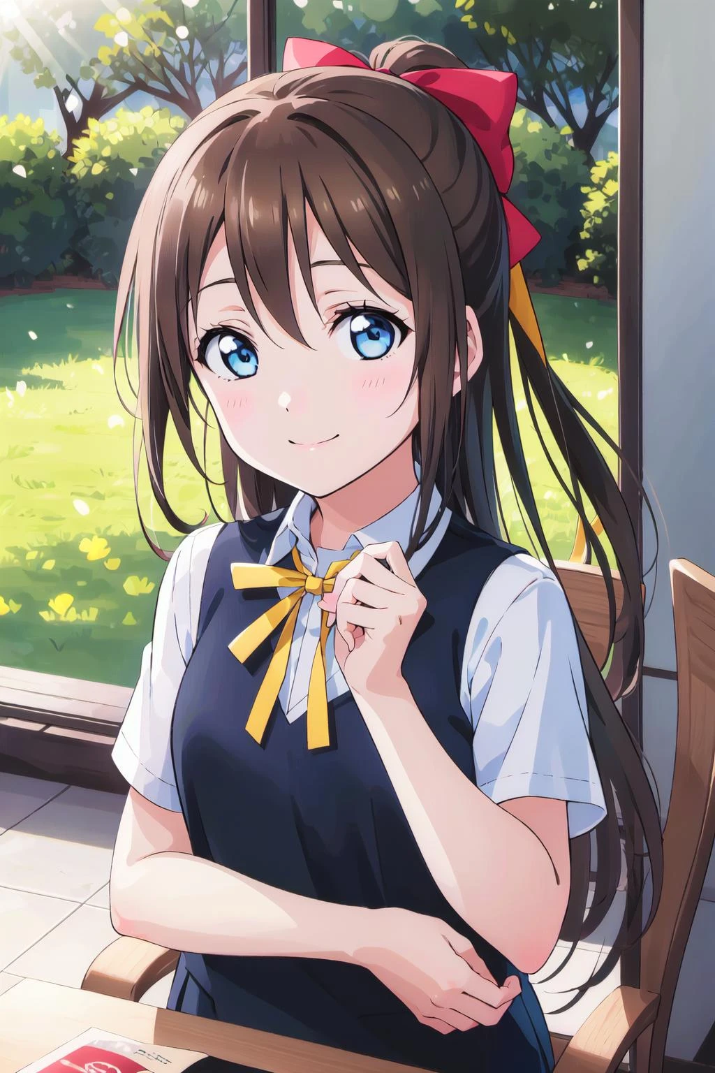 (best quality, masterpiece:1.2), (1girl, solo:1.2), cute, smile, detailed background, (looking at viewer, solo focus:1.2), light on face, sky, blue sky, upper body, sunlight, lens flare, depth of field, scenery, closed mouth,
<lora:A_Osaka Shizuku New:0.8> osaka shizuku, long hair, hair ribbon, blue eyes, black hair, straight hair, nijigasaki academy school uniform