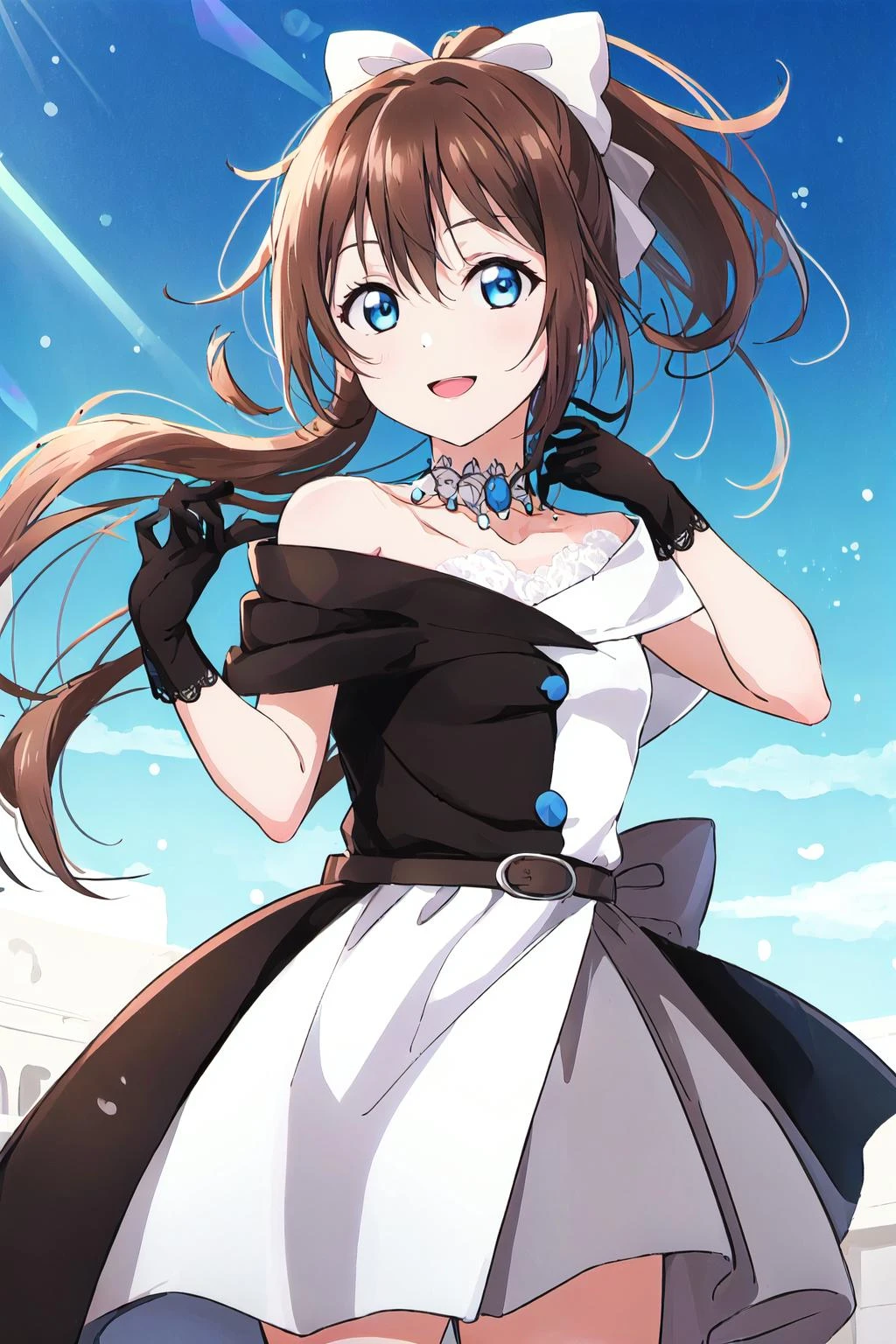 (best quality, masterpiece:1.2), 1girl, solo, cute, smile, detailed background, (looking at viewer, solo focus:1.2), light on face, sky, blue sky, sunlight, lens flare, depth of field, scenery, glow eyes, open mouth, jumping, cowboy shot,
<lora:A_SORA_Dress:1>, sora dress, osaka shizuku, ousaka shizuku, dress, off-shoulder dress, two-tone dress, bow, blue eyes, gloves, brown hair, long hair, evening gown, off shoulder, hair bow, black dress, jewelry, white dress, lace gloves, belt, sidelocks, bangs, necklace, black gloves, hair between eyes, collarbone, black belt, black bow, bare shoulders, multicolored clothes, half updo, ponytail, buttons, looking at viewer, sleeveless dress, lace, sleeveless, grey dress, closed mouth, (sunny, sunlight:1.2),