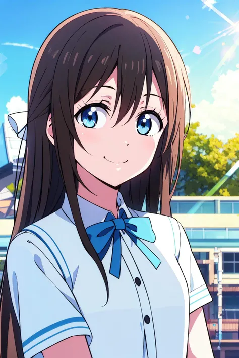 (best quality, masterpiece:1.2), 1girl, solo, cute, smile,  detailed background, (looking at viewer, solo focus:1.2), light on face, sky, blue sky, upper body, sunlight, lens flare, depth of field, scenery, closed mouth,
<lora:A_Osaka Shizuku Anime:0.8>, osaka shizuku, long hair,( hair ribbon:1.2), blue eyes, black hair, straight hair, nijigasaki academy school uniform