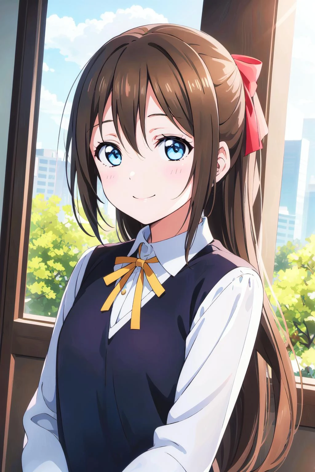 (best quality, masterpiece:1.2), (1girl, solo:1.2), cute, smile, detailed background, (looking at viewer, solo focus:1.2), light on face, sky, blue sky, upper body, sunlight, lens flare, depth of field, scenery, closed mouth,
<lora:A_Osaka Shizuku New:0.8> osaka shizuku, long hair, hair ribbon, blue eyes, black hair, straight hair, nijigasaki academy school uniform