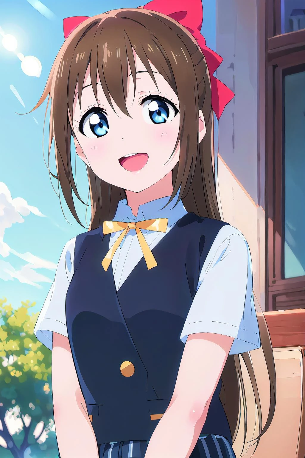 (best quality, masterpiece:1.2), 1girl, solo, (upper body:1.2), looking at viewer, standing, smile, sunlight, lens flare, open mouth, light on face, glow eyes, sky, sitting, from below
<lora:Osaka Shizuku SSU:0.8> osaka shizuku, nijigasaki academy school uniform, hair ribbon
<lora:Style_boldline:-1>