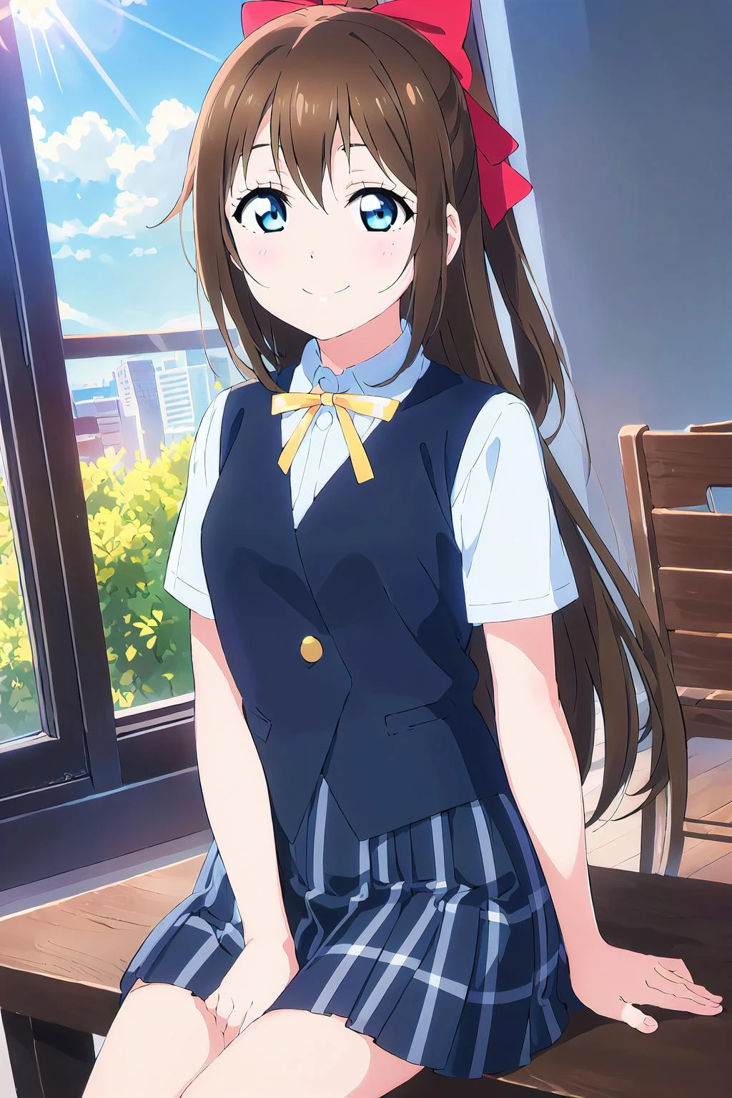 (best quality, masterpiece:1.2), 1girl, solo, (cowboy shot:1.2), looking at viewer, standing, smile, sunlight, lens flare, closed mouth, light on face, glow eyes, sky, sitting, dutch angle
<lora:Osaka Shizuku SSU:0.8> osaka shizuku, nijigasaki academy school uniform, hair ribbon
<lora:Style_boldline:-1>