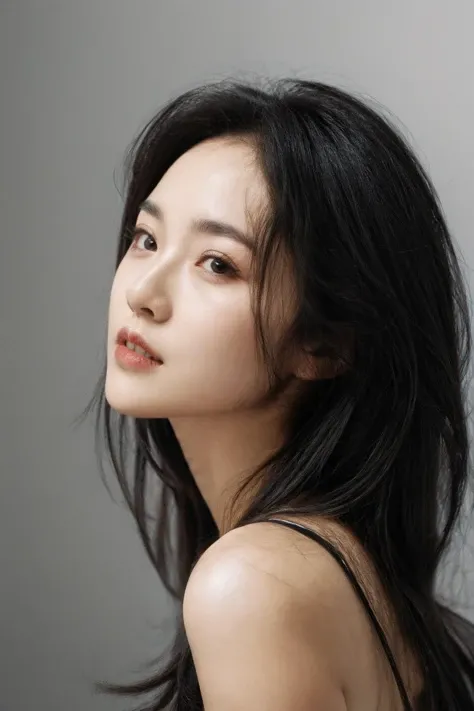 masterpiece,best quality,ultra detailed,ultra high res,realistic,mojz,1girl,solo,breasts,cleavage,black hair,long hair,realistic,looking at viewer,simple background,grey background,parted lips,bare shoulders,lips,black eyes,upper body,off shoulder,