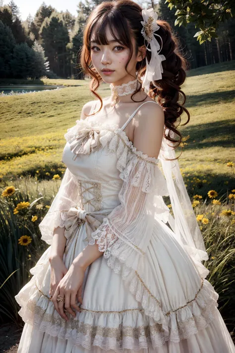 (realistic:1.3), finely detailed, quality, rembrandt lighting, (masterpiece:1.2), (photorealistic:1.2), (best quality), (detailed skin:1.3), (intricate details), dramatic, ray tracing, 1girl, japanese girl, 21 years old, detailed skin texture, (blush:0.5), (goosebumps:0.5), subsurface scattering, smiling, medium breasts, long hair curls, bangs, hair between eyes, hair ornament, choker, ribbon, bow, white dress, long dress, lace, frills, long sleeves, see-through, byrs \(manaka nemu\), cowboy shot, (arms at side:1.2), (bright sunny day, outdoors, sky, wide open field of flowers), <lora:Dress No.1 V3 byrs:0.8>