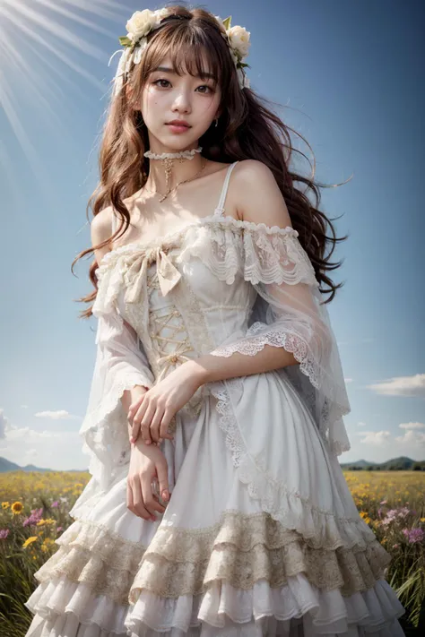 (realistic:1.3), finely detailed, quality, rembrandt lighting, (masterpiece:1.2), (photorealistic:1.2), (best quality), (detailed skin:1.3), (intricate details), dramatic, ray tracing, 1girl, japanese girl, 21 years old, detailed skin texture, (blush:0.5), (goosebumps:0.5), subsurface scattering, smiling, medium breasts, long hair curls, bangs, hair between eyes, hair ornament, choker, ribbon, bow, white dress, long dress, lace, frills, capelet, long sleeves, see-through, byrs \(manaka nemu\), cowboy shot, (arms at side:1.2), (bright sunny day, outdoors, sky, wide open field of flowers),  <lora:Dress No.1 V3 byrs:0.8>