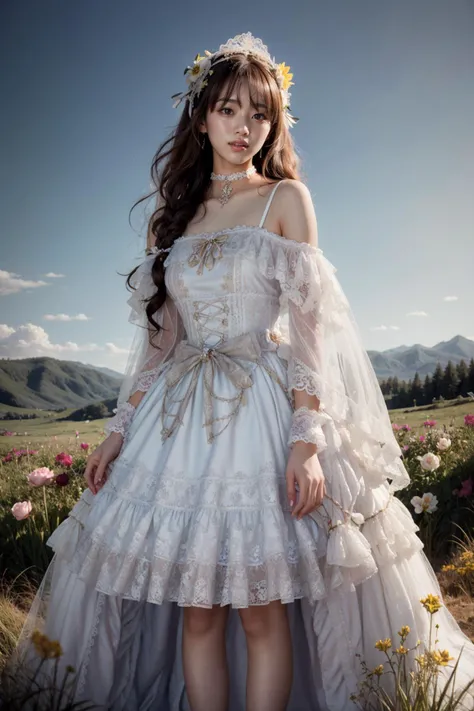 (realistic:1.3), finely detailed, quality, rembrandt lighting, (masterpiece:1.2), (photorealistic:1.2), (best quality), (detailed skin:1.3), (intricate details), dramatic, ray tracing, 1girl, japanese girl, 21 years old, detailed skin texture, (blush:0.5), (goosebumps:0.5), subsurface scattering, smiling, medium breasts, long hair curls, bangs, hair between eyes, hair ornament, choker, ribbon, bow, white dress, long dress, lace, frills, capelet, long sleeves, see-through, byrs \(manaka nemu\), lace socks, high heels, full body, (arms at side:1.2), (bright sunny day, outdoors, sky, wide open field of flowers), <lora:Dress No.1 V3 byrs:0.8>