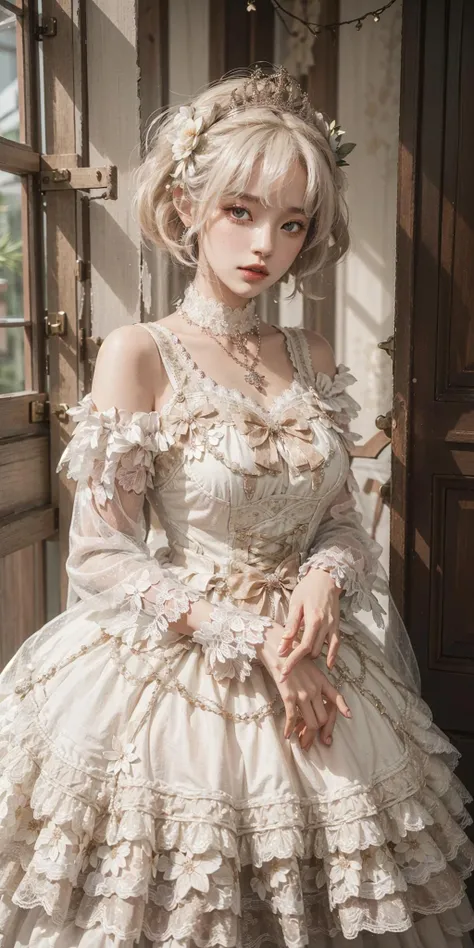 ((in doors, in school)),1girl,platinum blonde hair, dress, byrs, solo,veil, white dress, necklace, full body, flower, frills, standing, frilled dress, white flower, jewelry, lace wrist, Masterpiece:1.4), (Realisitc:1.2), (Absurdres:1.2), Ultra-Detailed, beautiful face, beautiful detailed eyes, (Realism:1.2), (photorealistic:1.3), Soft Lighting, Best Quality, 4K