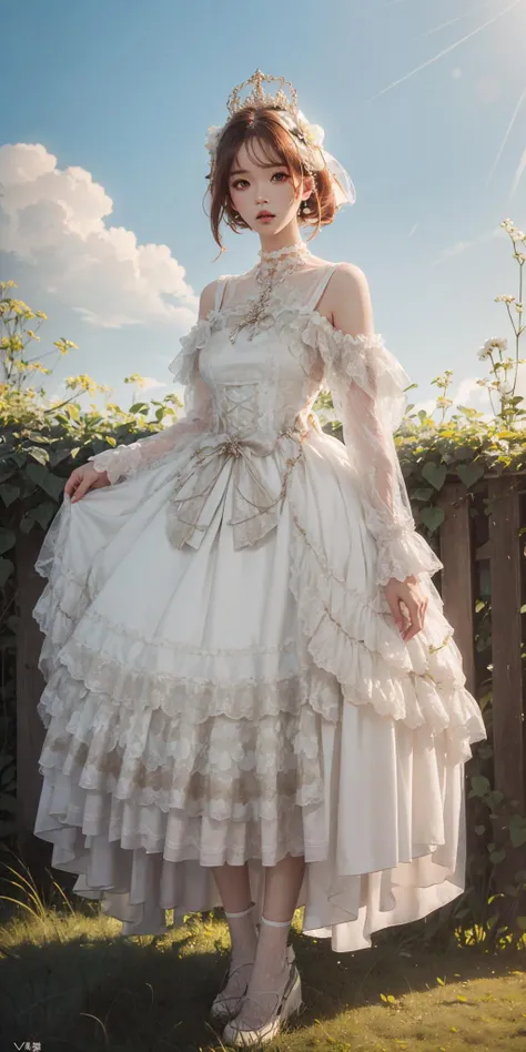 best quality, ultra high res, (photorealistic:1.4), masterpiece, highres, original, extremely detailed wallpaper,
lawn, sky,
1girl, solo, byrs \(manaka nemu\), white dress,
full body, watson cross,