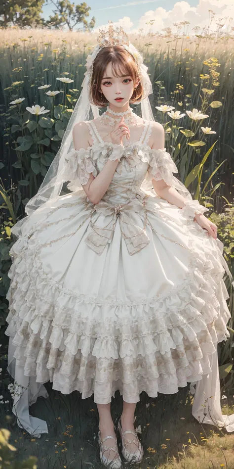 best quality, ultra high res, (photorealistic:1.4), masterpiece, highres, original, extremely detailed wallpaper,
lawn, sky,
1girl, solo, byrs \(manaka nemu\), white dress,
full body, hand on another's,