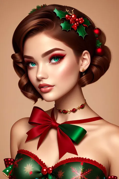 woman, short brown hair, red eyes, christmas pinup <lora:Christmas Pin up_v1:1>